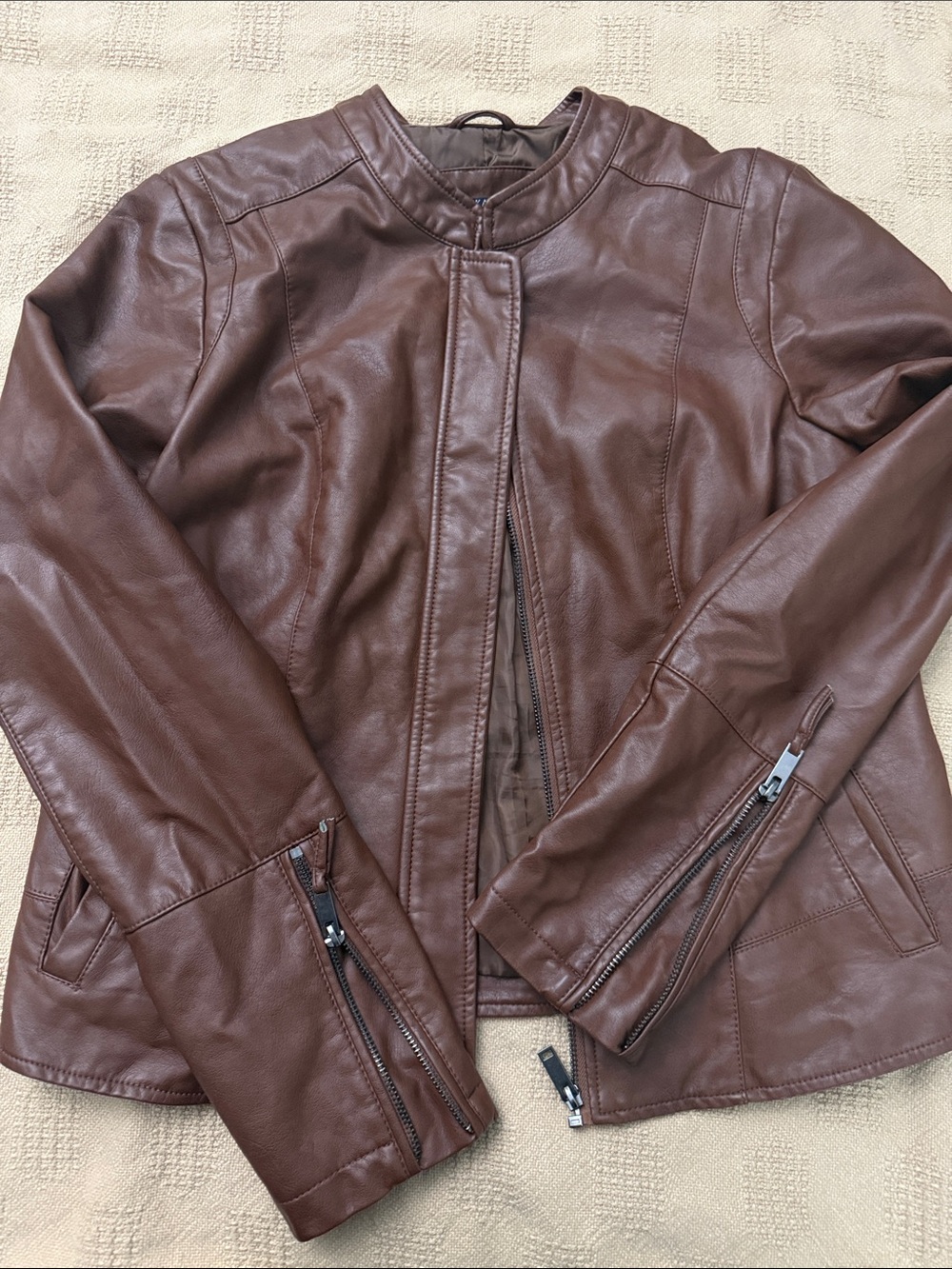 Kaari Blue Women's Brown Faux Leather Moto Jacket